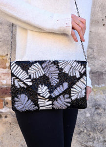 Palm Leaf Beaded Cross-body Black